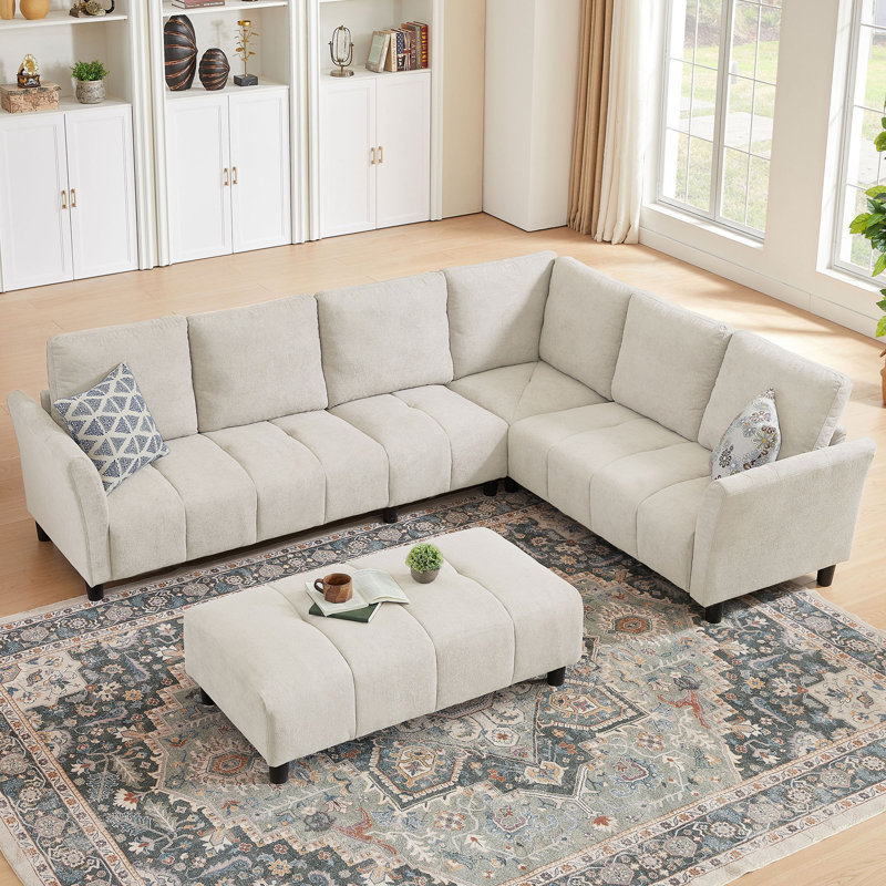 Canapé modulaire réversible "l 102,56" avec siège d'angle et banc allongé, Tissu beige