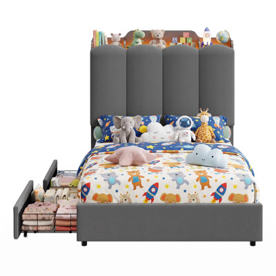 Kids Platform Bed with LED Lights, USB Ports, Side Cubbies & 2 Underbed Drawers, Upholstered Storage Bed Frame, Twin Size