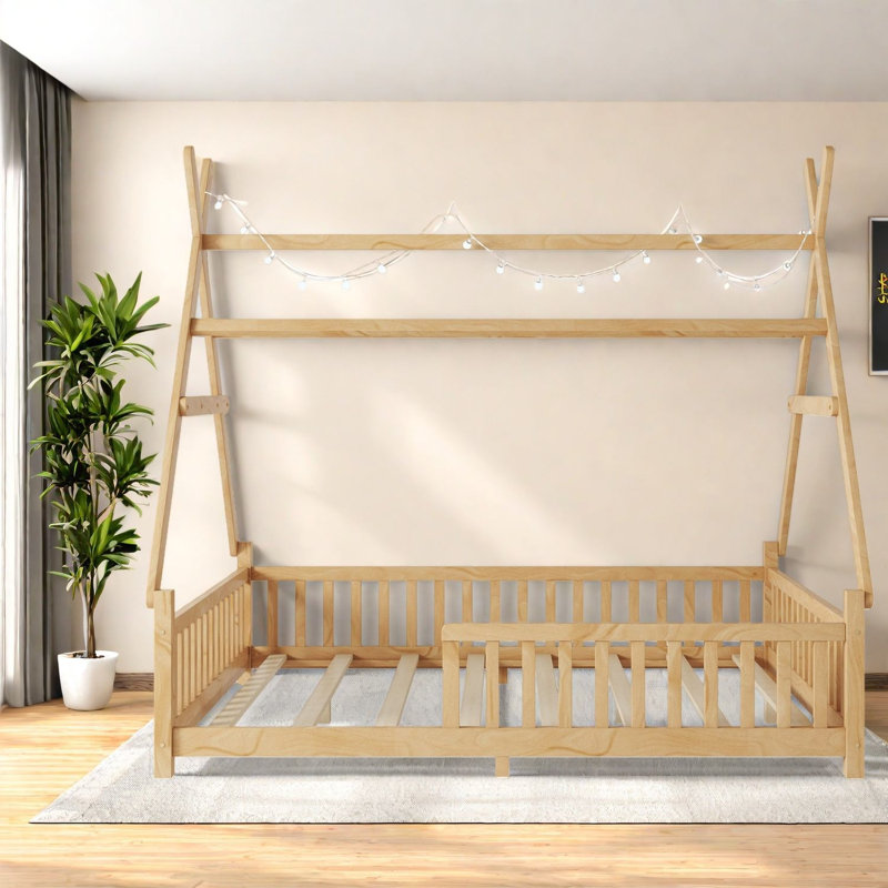 Lit double robuste pour enfants, bois naturel, design sécuritaire et amusant