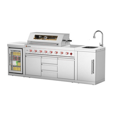 VESTIVIUM 3-Piece Modular Outdoor Kitchen Island Set – All Stainless Steel With 6-Burner Gas Grill, Side Burner & Rear Infrared Burner, Sink, Refrigerator, And White Quartz Countertop