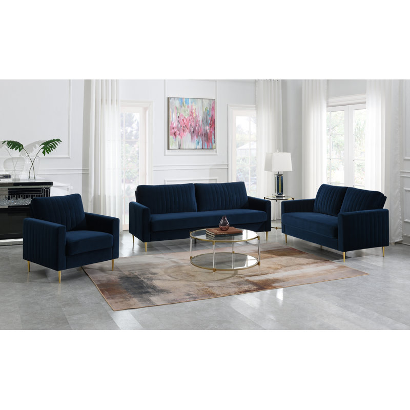 Marienville 3 - Piece Velvet Living Room Set, Blue