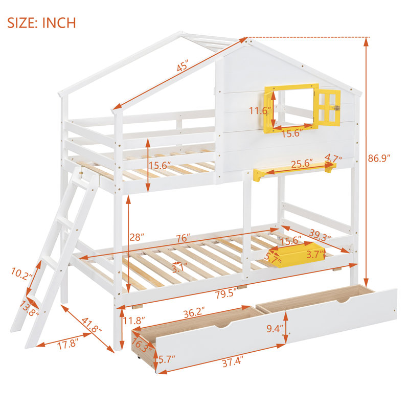 Vandenbosch Twin over Twin House Bunk Bed with Drawers by Harper Orchard, White