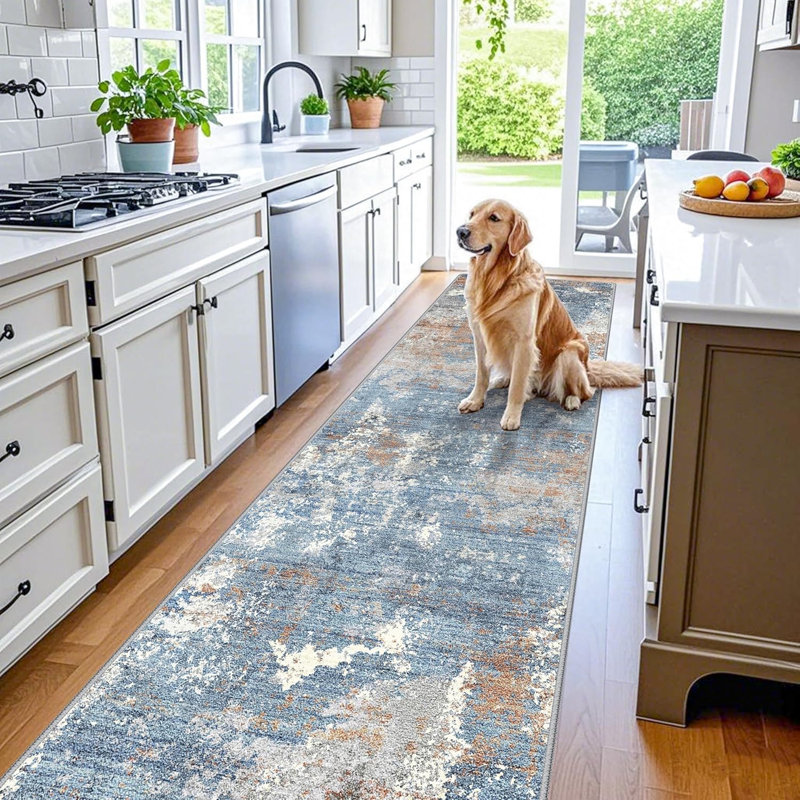 3x10ft Washable Hallway Runner Rug - Non Slip Modern Wide Carpet for Kitchen Entryway Bathroom with Rubber Backing,Low Pile Thin Long Floor Runner Indoor Blue Rust,3x10