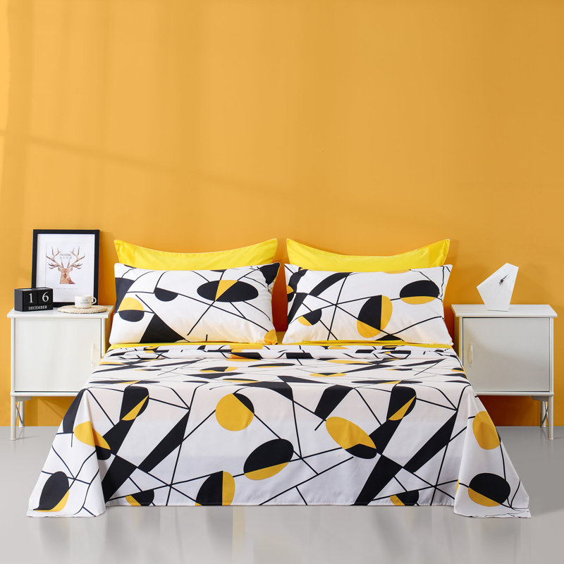Ensemble de draps 6 pièces Polycotton, Courtepointe pour grand lit + 5 pièces supplémen, Jaune / noir