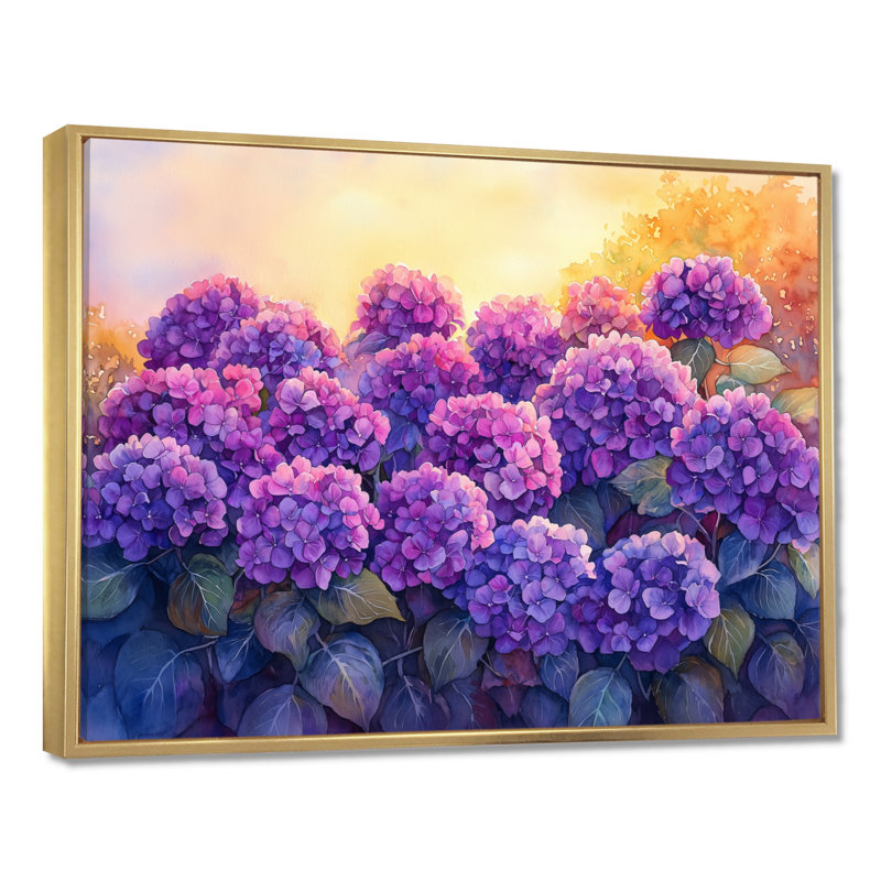 Hortensias au coucher du soleil lueur VI - hydrangées, art mural, Impression sur cadre flottant, H 16 po x l 32 po, Doré