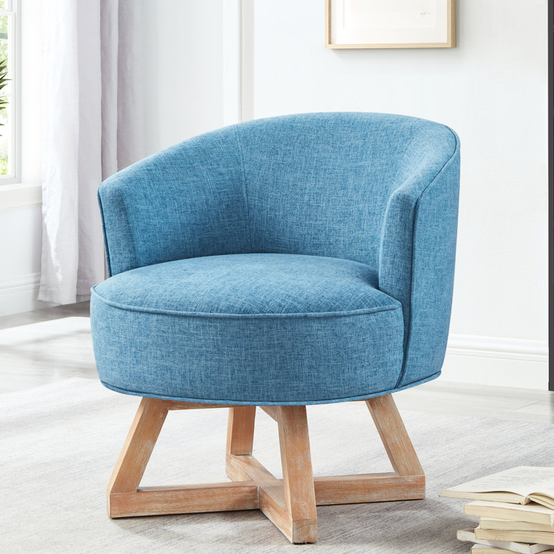 Siège pivotant bleu 360 °, tissu en lin doux, base en bois stable pour chaise de maison en lin, bleu, chambre à coucher avec cadre solide et bureau
