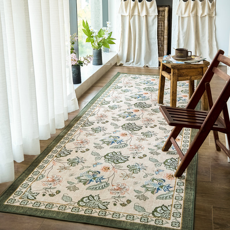 Chinoiserie Floral Rug Vintage Romance Design Washable Non-slip Carpet Green/Beige, Runner 3' x 8', Green/Beige