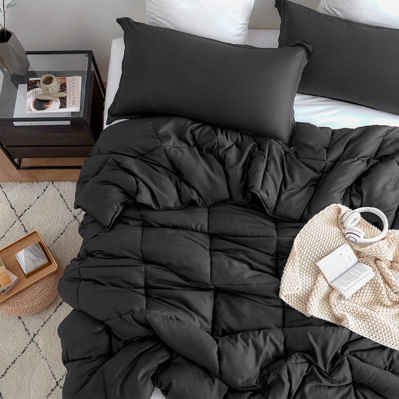 Snorze Cloud Coma Inducer Silky Bamboo Oversized Comforter Set, Queen Comforter + 2 Standard Shams, Black