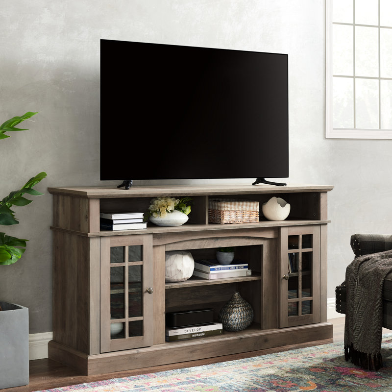 Meuble audio-vidéo pour téléviseur de 65 po, style traditionnel américain, couleur gris délavé, l 58,91 po x P 16,14 po x 32 po, grand espace de rangement et 5 téléviseurs à découpes pour câbles avec lavage, gestion de surface lisse