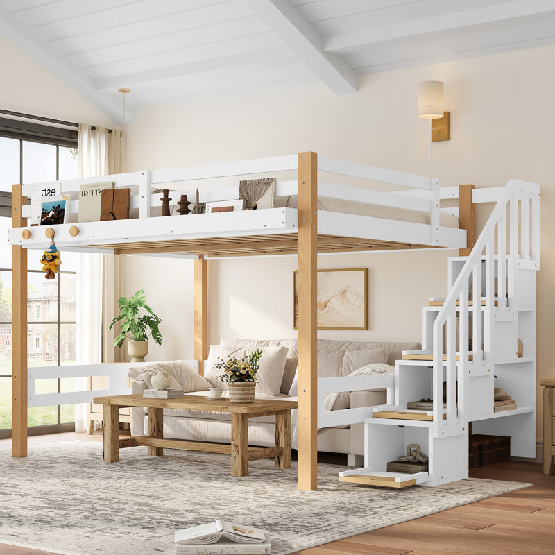 Lit mezzanine en bois avec tablettes, escaliers de rangement et crochets à manteaux., Lit double, Blanc