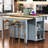 47 Inch Kitchen Island With Extendable Dining Table, Rubber Wood Veneer Kitchen Table With Internal Storage Rack, Power Outlet, Kitchen Island With Storage 2 Drawers 2 Cabinet,Grey Blue