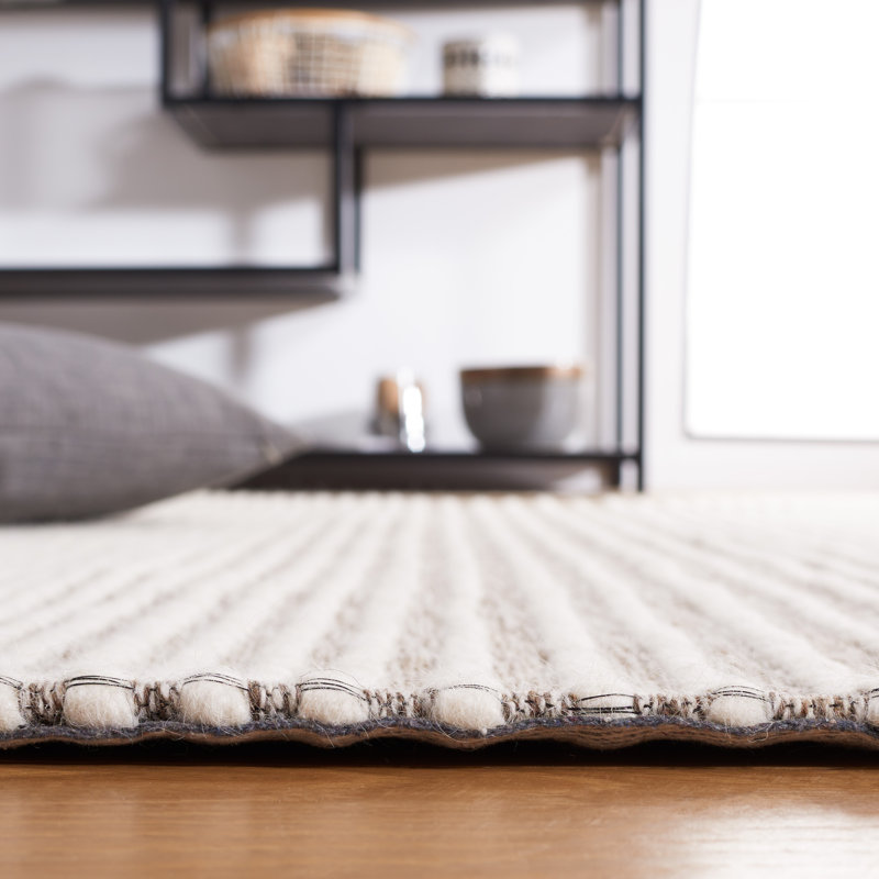 Ivory and Dark Brown Handwoven Wool 8' x 10' Area Rug