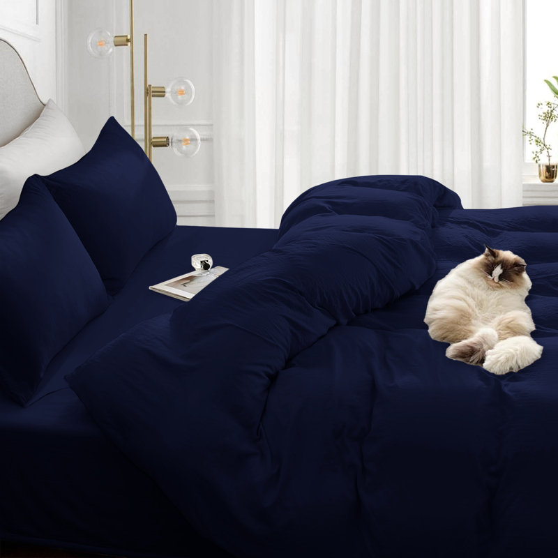 4-Piece Microfiber Duvet Cover Set – Pillowcases & Fitted Sheet, Navy, Single Duvet Cover  + 3 Additional Pieces