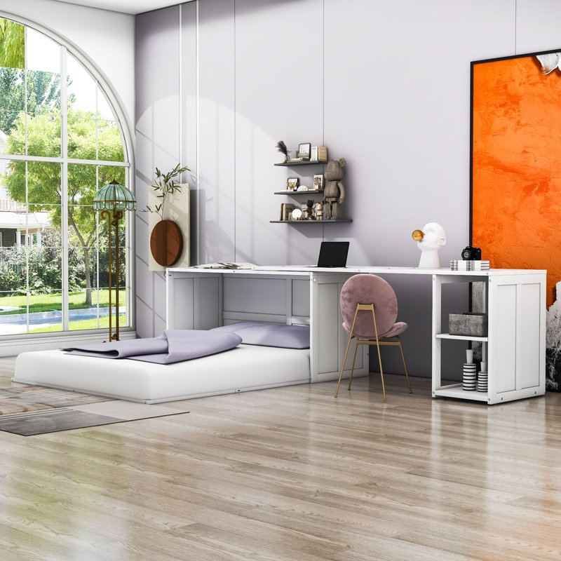 Grand lit escamotable en bois avec bureau et tablettes Khailee, Blanc