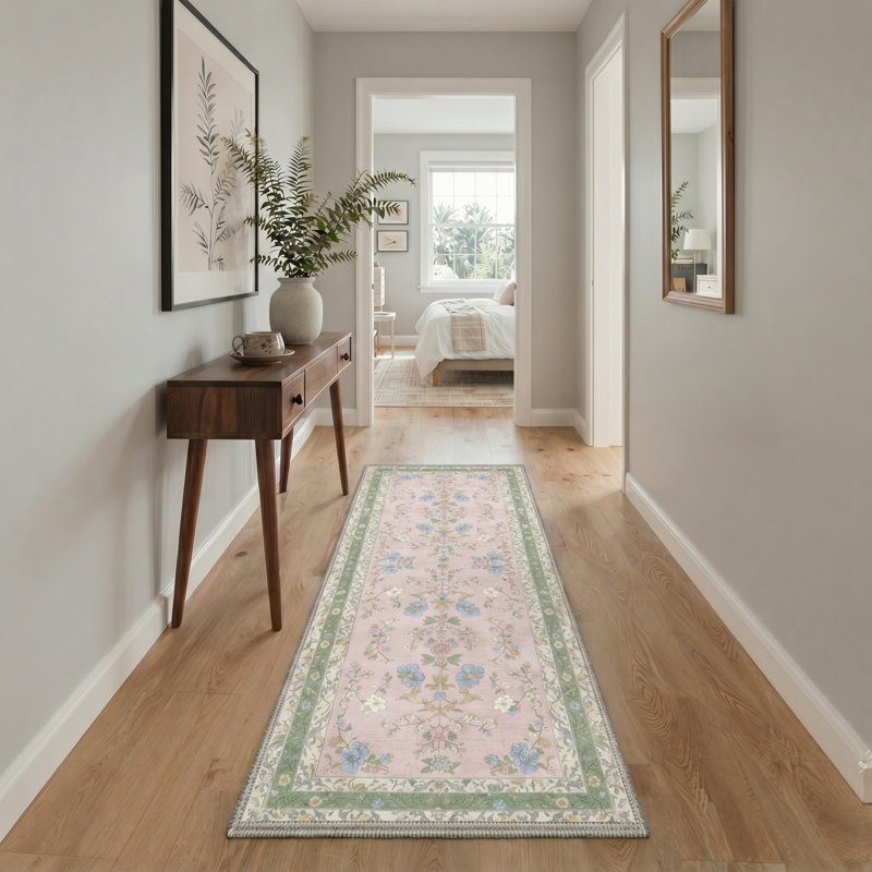 Tapis intérieur rosé / vert / beige Amboy Verdant, lavable à la machine, avec envers antidérapant