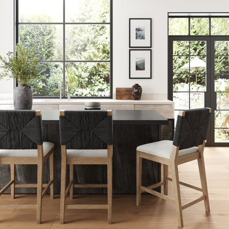 Seagrass Upholstered Bar Stool with Solid Wood Frame, 4-Pack, Black/Grey Mahogany, Counter Stool (24" Seat Height), 4