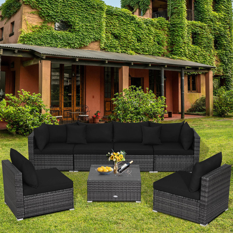 Minooka Wicker 6 - Person Patio Conversation Set with Cushions, Black