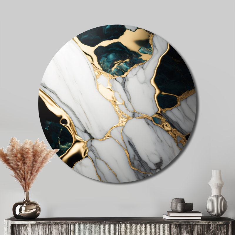 Abstract Geode Gold And Green Marble I - Abstract Round Metal Art, 16" H x 16" W x 1" D