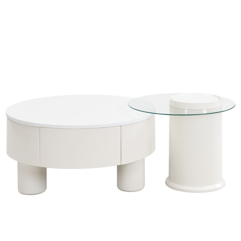 Ensemble de 2 tables basses rondes gigognes, table basse avec tiroir de rangement, grande table centrale en plastique blanc, grand 27,56 po, petit 19,69 po