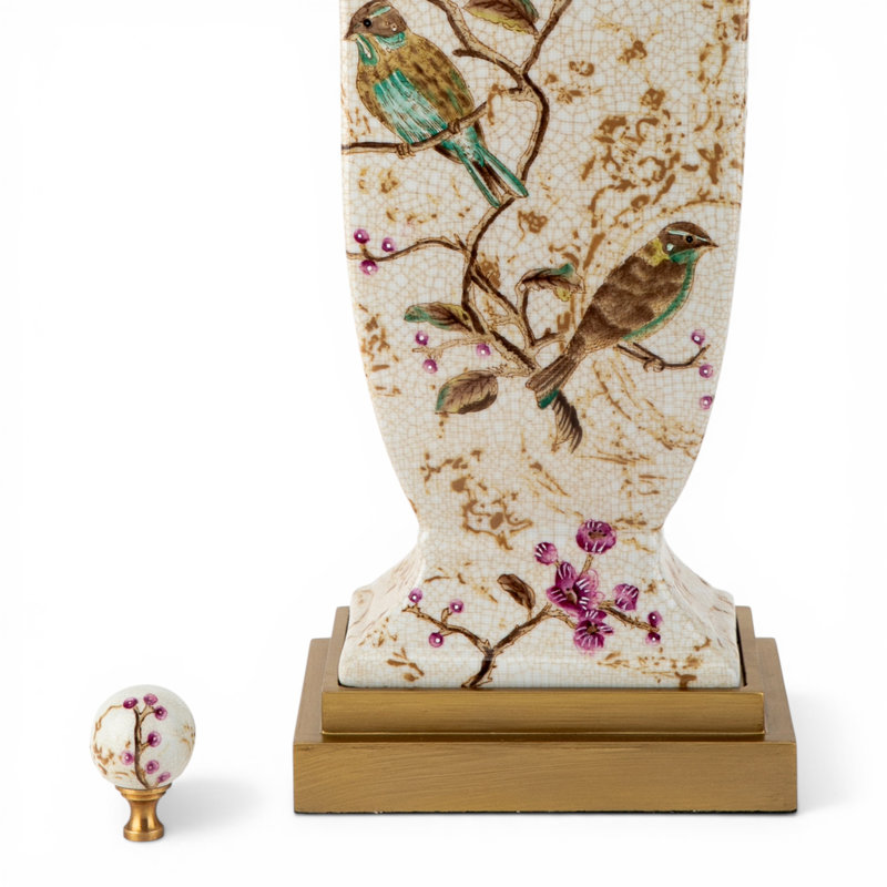 Spring Blossom Hand Painted Porcelain Table Lamp with Gold Wood Base