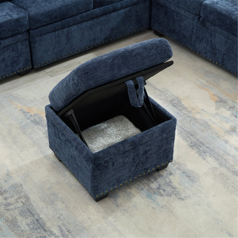 97" L-Shaped Upholstered Chenille Put-Out Sofa Bed Sectional with Storage Ottoman and 2 Pillows, Dark Blue Chenille