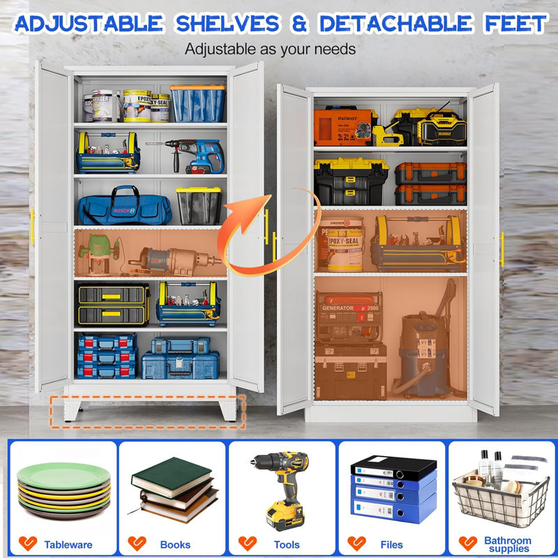 75.2"H*36"W*18"D Tall Metal Garage Stoarge Cabinet Tools with Five Adjustable Shelves for Mulitpurpose, White