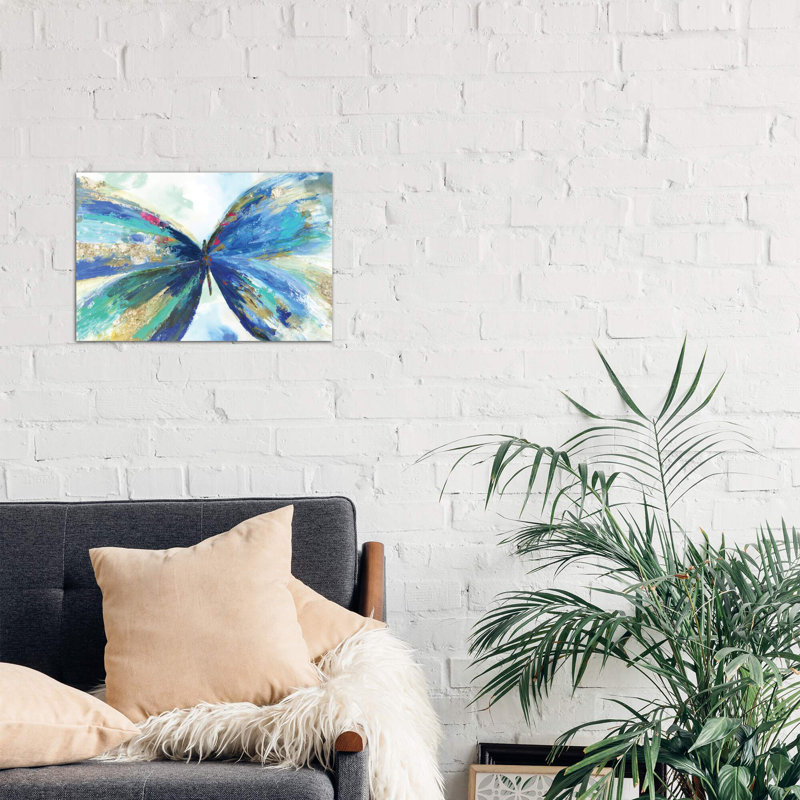 Blue Butterfly by Kelsey Hochstatter - Painting on Canvas, 66.04 cm H x 45.72 cm W, White Floater Framed