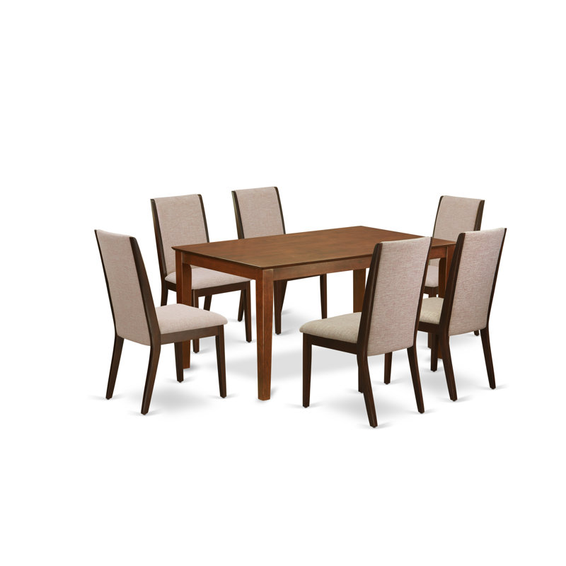 Ensemble de table de salle à manger 7 pièces composé d'une table de salle à manger rectangulaire et de 6 chaises rembourrées en tissu brun clair en acajou