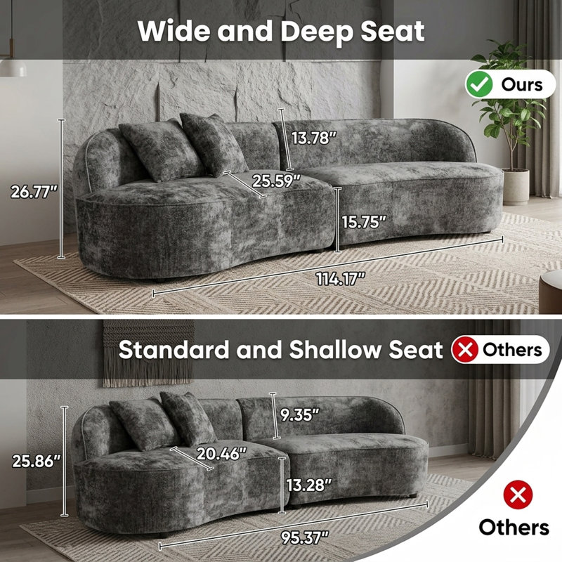 Canapé d'angle modulaire incurvé en chenille de 114 pouces avec assise profonde et structure inclinable, gris, Chenille gris