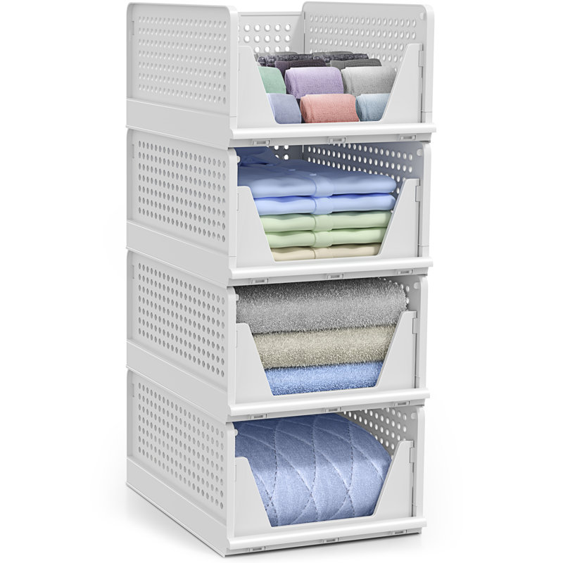 Sorbus 4 Pack Folding Shelf Organizer - Stackable Closet Shelf Organizer Baskets for Clothes, Closet, Bathroom, Kitchen, Garage - Easy Access Open Front Design Under Shelf Organizer
