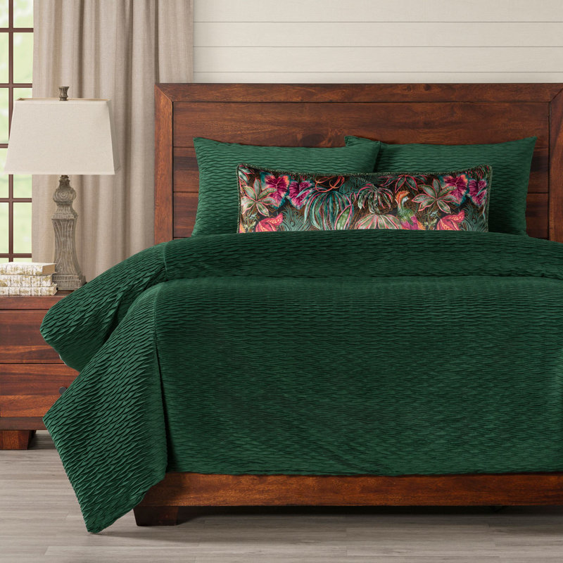 Pleated Velvet Emerald Green Duvet & Insert Set, King Duvet Cover + 2 Shams + 1 Pillow