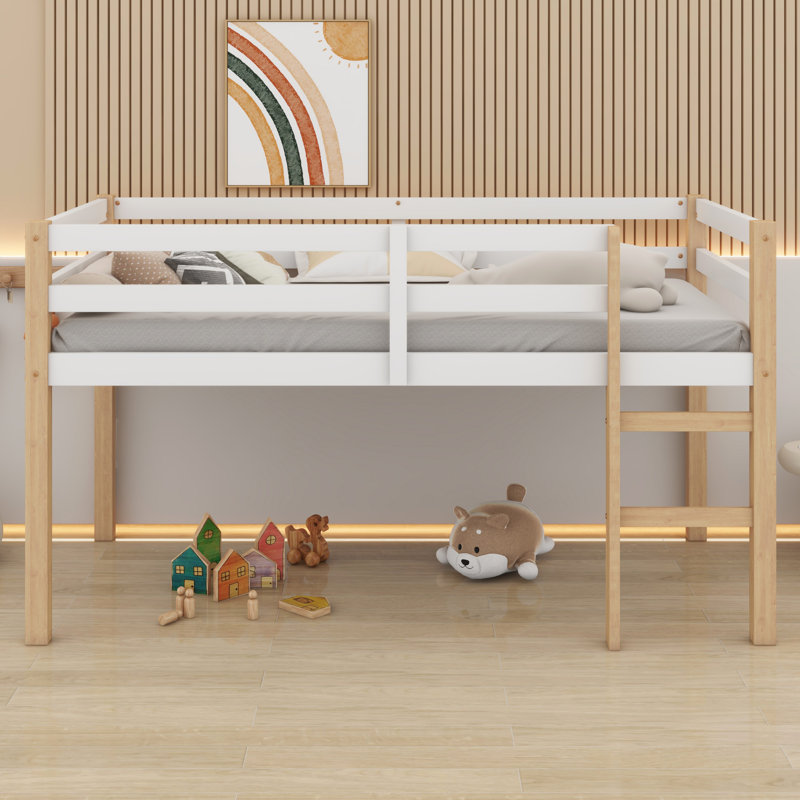 Lit mezzanine en bois robuste avec échelle et support à lattes robuste, Naturel + blanc