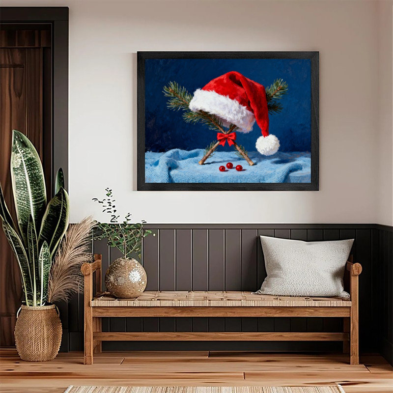 Reproduction d'art encadré noir, nature morte, chapeau de père Noël rétro, H 9 po x l 11 po
