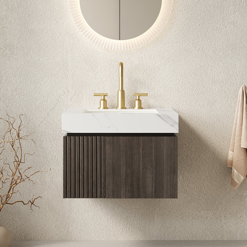 Meuble-lavabo flottant 24 po avec évier en céramique et plateau en pierre frittée, 2 portes