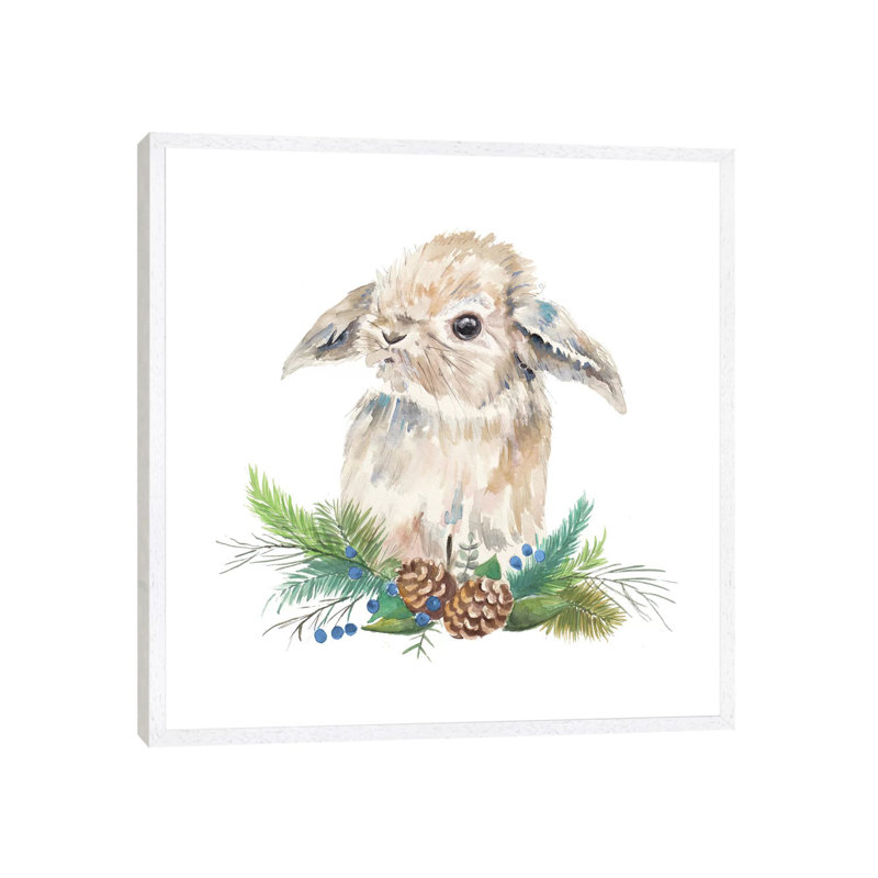 Floppy Eared Bunny On Greenery - Painting on Canvas, White Framed, 93.98 cm H x 93.98 cm W