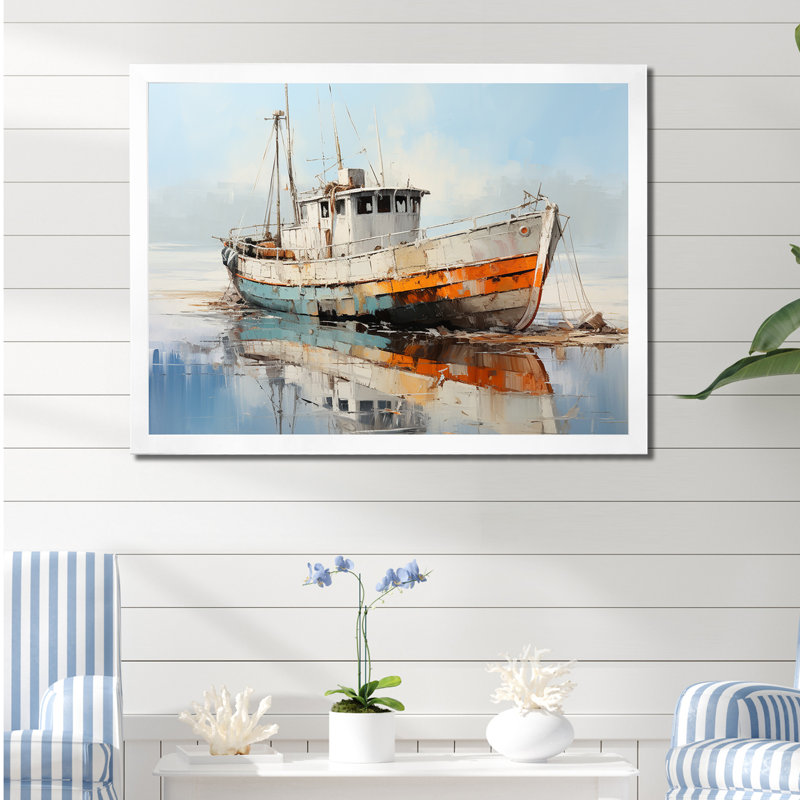 Bateau de pêche au port III - art mural bateau côtier, H 16 po x l 32 po x P 1 po, Cadre simple blanc