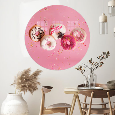 Modern Pink Doughnuts Printed On Glass Wall Art For Stylish Kitchen Decor