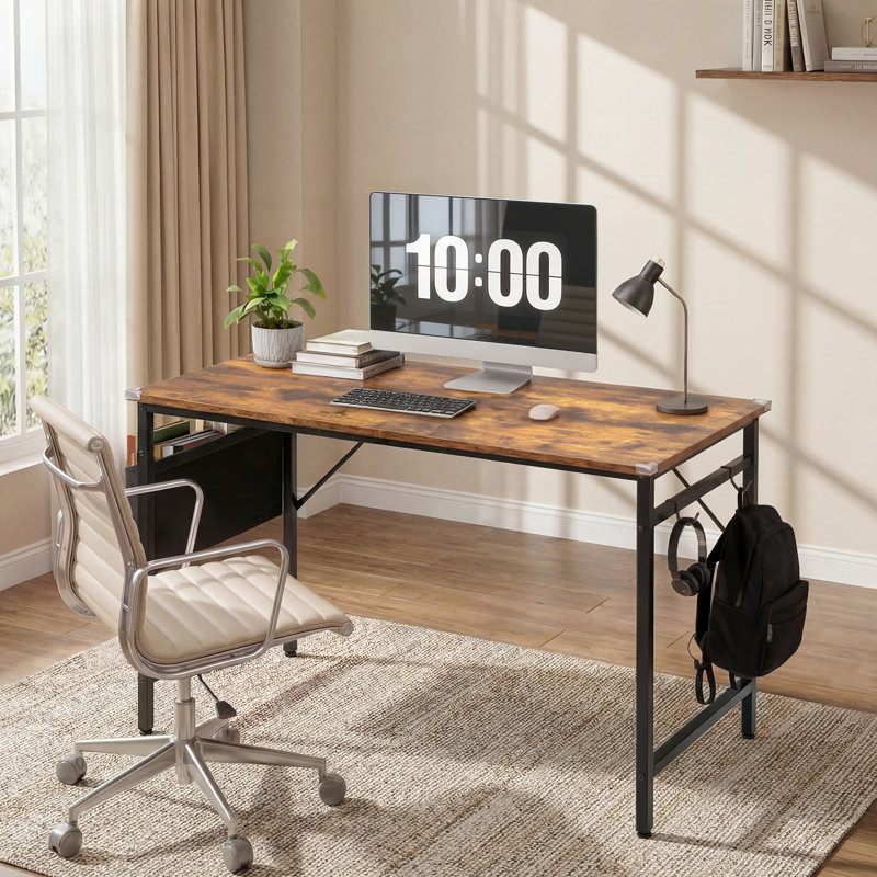 47.2” Computer Desk With Storage, Side Hooks & Adjustable Feet For Home Office, Brown, Black, 30.71" H x 47.2" W x 23.62" D
