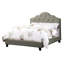 Lit double pleine grandeur, revêtement en polyfibre gris, structure en bois recouverte d'une tête de lit