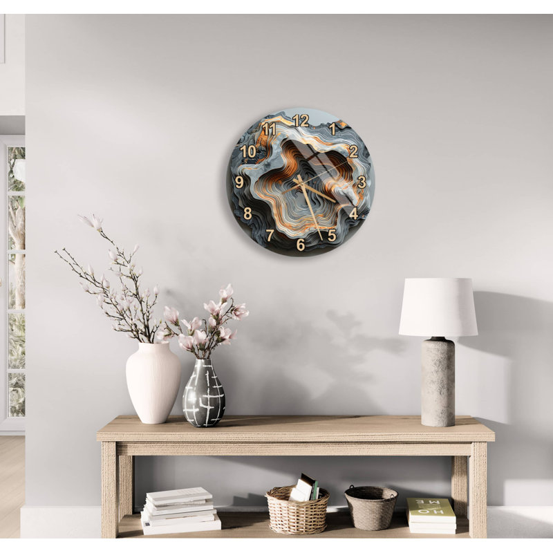 Horloge murale 3D en verre trempé topographique, design abstrait gris doré luxueux, montre géologique unique, décor texturé moderne pour le bureau personnel