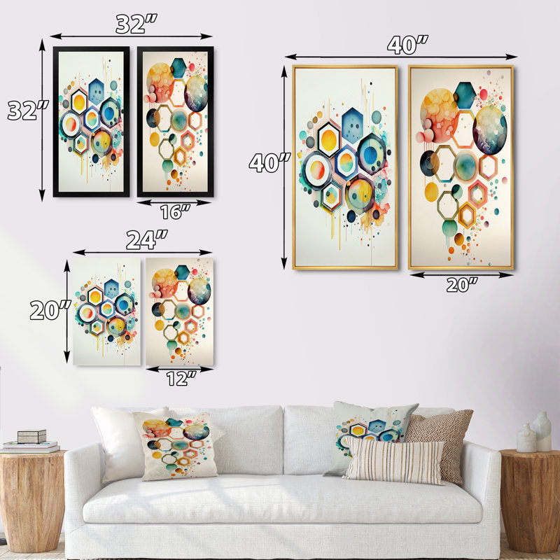 «Hexagon And Circular Abstract», 2 pièces sur toile, Cadre blanc, H 32 po x l 32 po