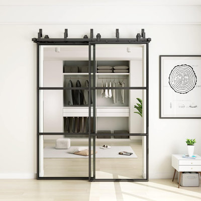 JUBEST Bypass Clear Glass Barn Door with Double Hardware Kit and Soft Close, 2 Piece Door