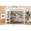 Lit mezzanine double de couleur blanche avec bureau sous le lit et tablettes multifonctionnelles, lattes en bois
