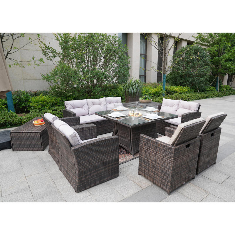 Ensemble de conversation en osier / rotin pour 8 personnes avec coussins mixtes beige et gris