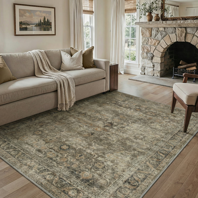 Roehit Heritage Oriental Performance Area Rug - Antique Olive & Charcoal Oushak Faux Wool  - Non-Slip & Machin Washable
