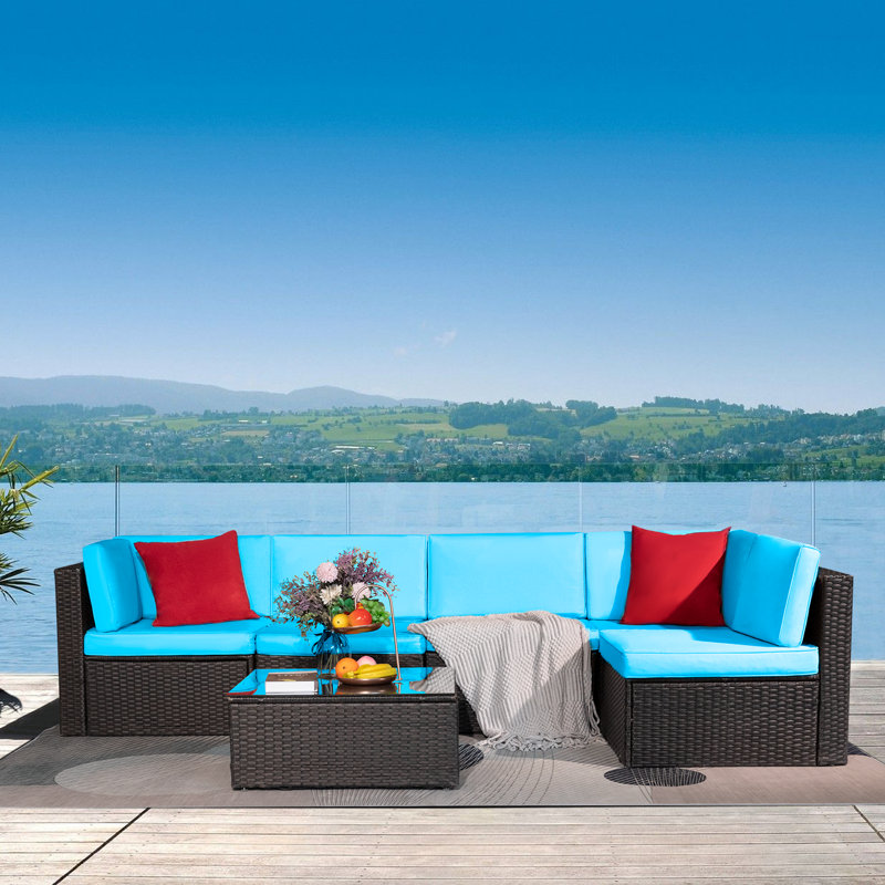 Ensemble de conversation modulaire en rotin 6 pièces avec coussins Ellison, Bleu / Rouge