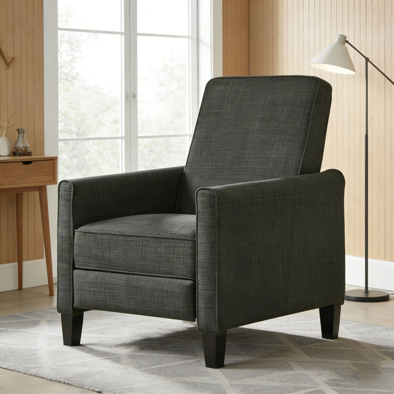 27.5" Push Back Recliner Chair Upholstered Recliner Armchair with Solid Beech Wood Legs, Polyester, DARK GREY