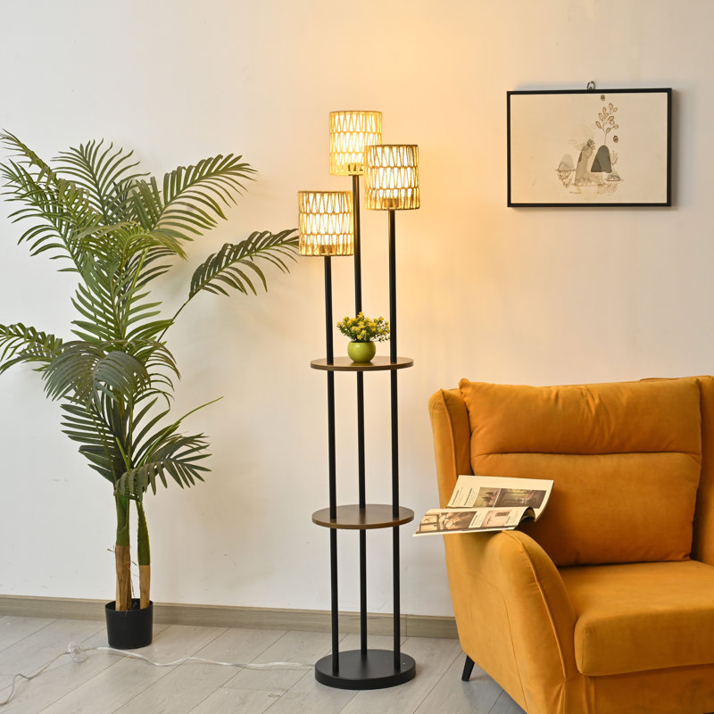 65" Tray Table Floor Lamp With 3 Lights And Double Shade,For Living Room, Bedroom, Study, Office