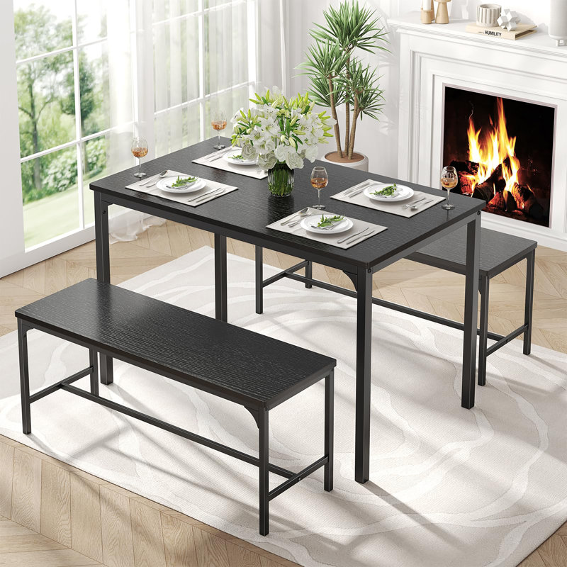 Ensemble de table de salle à manger 3 pièces pour 4 avec banc - peu encombrant et facile à assembler, Noir