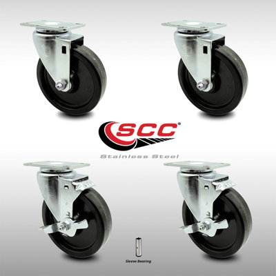 SS Phenolic Swivel Top Plate Caster Set with 2 Brakes Service Caster